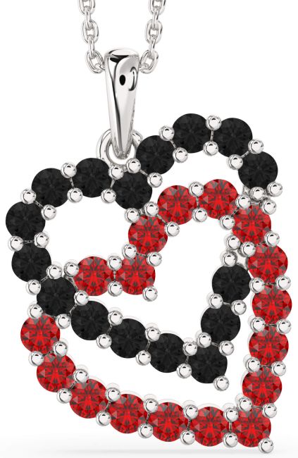 Black Diamond & Ruby Silver Heart Necklace