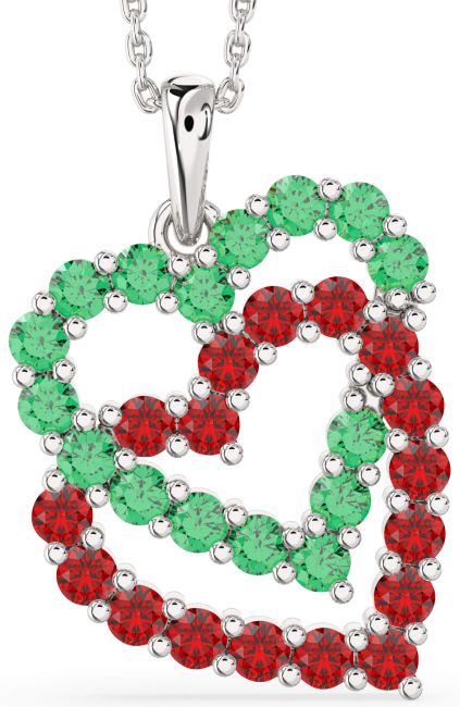Emerald & Ruby Silver Heart Necklace