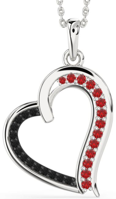 Black Diamond & Ruby Silver Heart Necklace