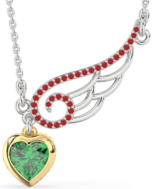 Large Emerald & Ruby Gold Silver Heart Wings Necklace