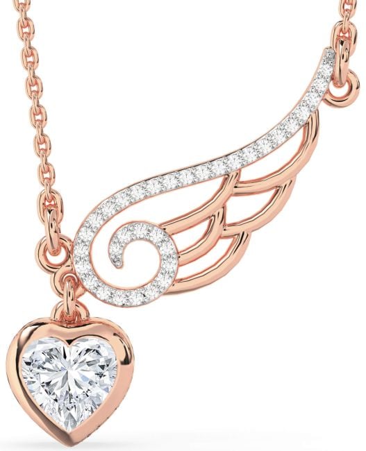 Large Diamond Rose Gold Silver Heart Wings Necklace