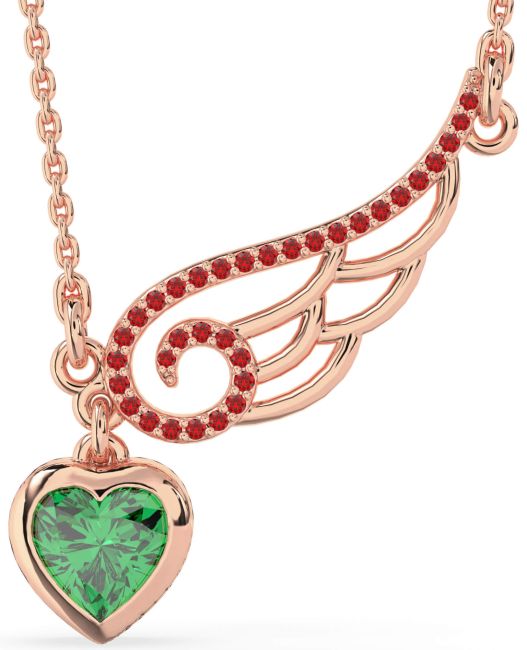 Large Emerald & Ruby Rose Gold Heart Wings Necklace