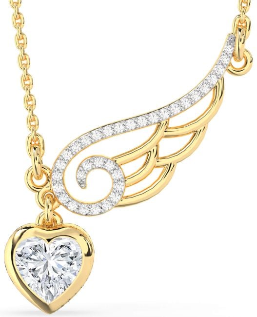 Large Diamond Gold Heart Wings Necklace