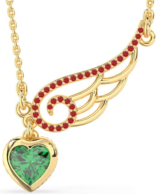 Large Emerald & Ruby Gold Heart Wings Necklace