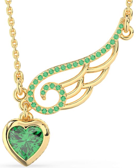 Large Emerald Gold Heart Wings Necklace