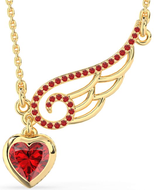 Large Ruby Gold Heart Wings Necklace