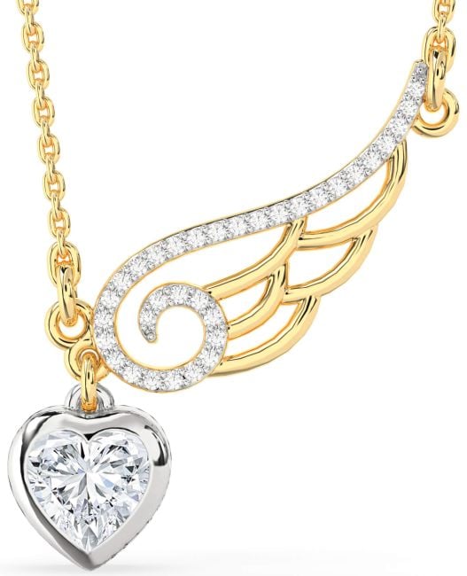 Large Diamond Platinum & Yellow Gold Heart Wings Necklace