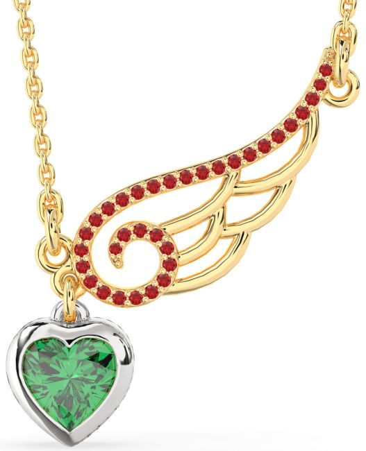 Large Emerald & Ruby Gold Silver Heart Wings Necklace