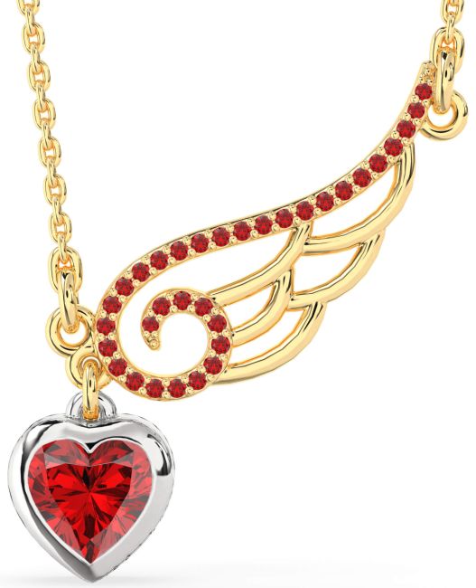 Large Ruby Gold Silver Heart Wings Necklace