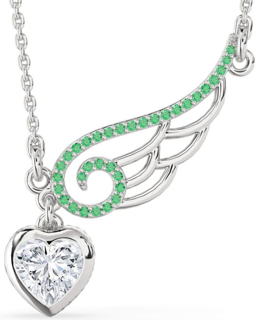Large Emerald & Diamond Silver Heart Wings Necklace