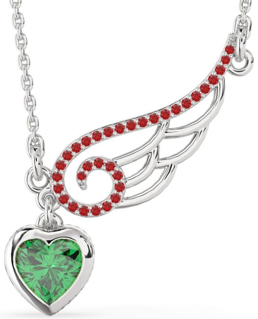 Large Emerald & Ruby Silver Heart Wings Necklace