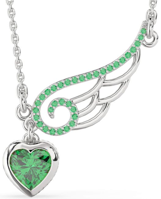 Large Emerald Silver Heart Wings Necklace