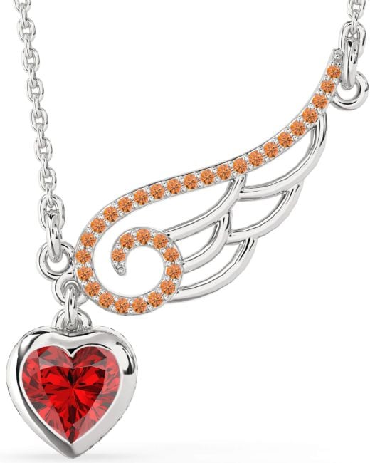 Large Ruby & Citrine Silver Heart Wings Necklace