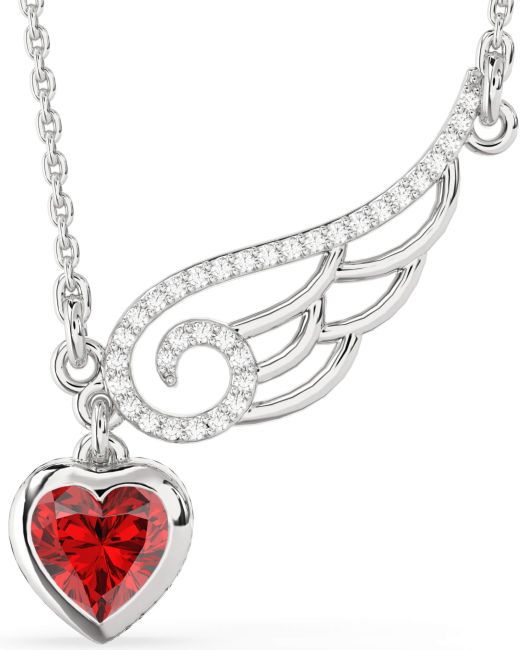 Large Diamond & Ruby Silver Heart Wings Necklace