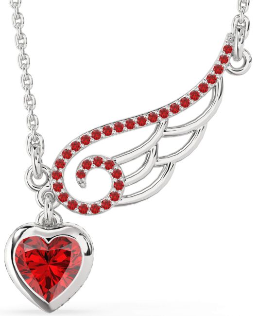 Large Ruby Silver Heart Wings Necklace