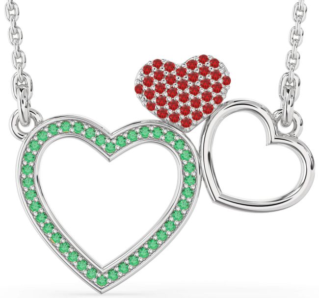 Large Emerald & Ruby Silver Heart Necklace