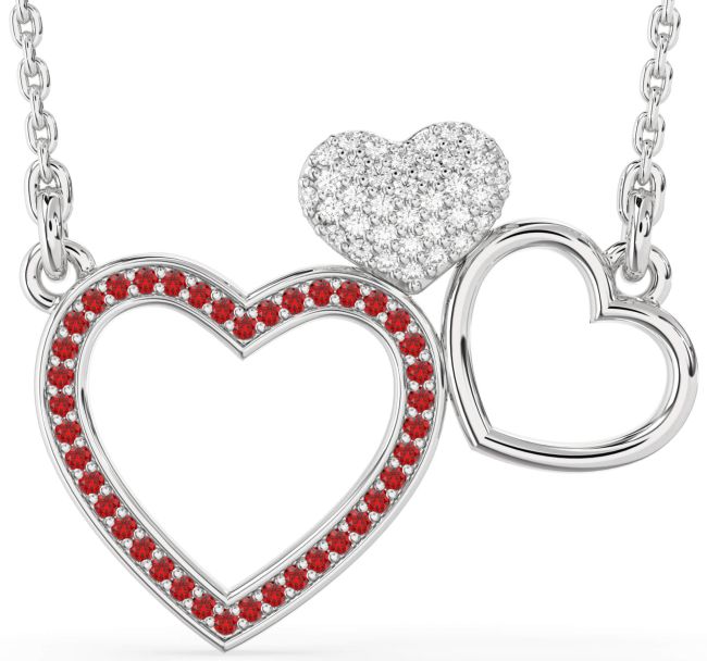 Large Diamond & Ruby Platinum Heart Necklace