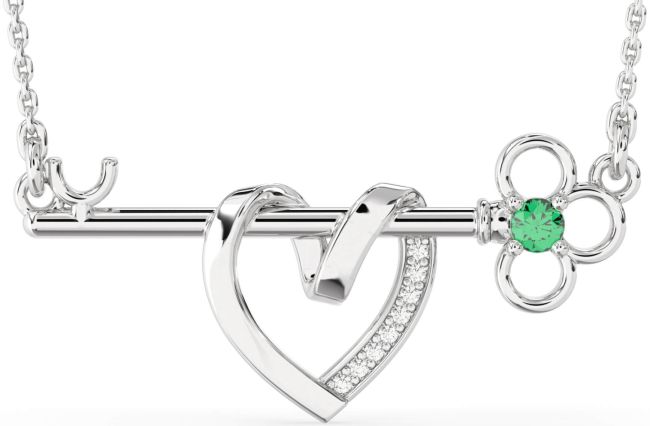 Large Diamond Emerald Silver Heart Necklace