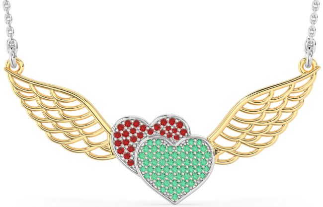 Large Emerald & Ruby Gold Silver Heart Wings Necklace