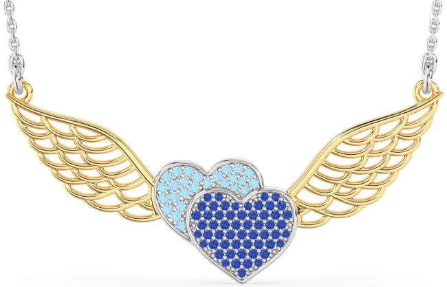 Large Blue Sapphire & Aquamarine White Yellow Gold Heart Wings Necklace