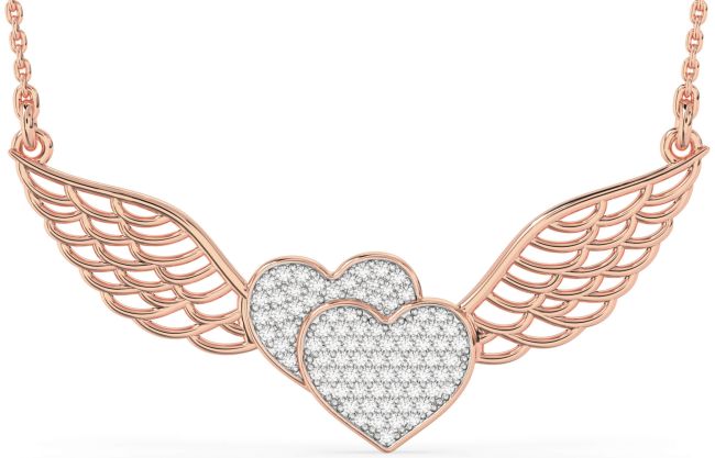 Large Diamond Rose Gold Silver Heart Wings Necklace