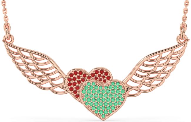 Large Emerald & Ruby Rose Gold Heart Wings Necklace