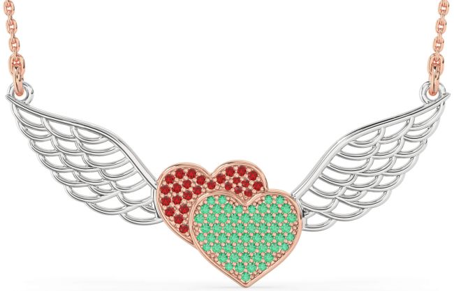 Large Emerald & Ruby Rose Gold Silver Heart Wings Necklace