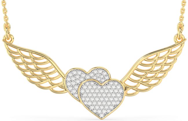 Large Diamond Gold Heart Wings Necklace