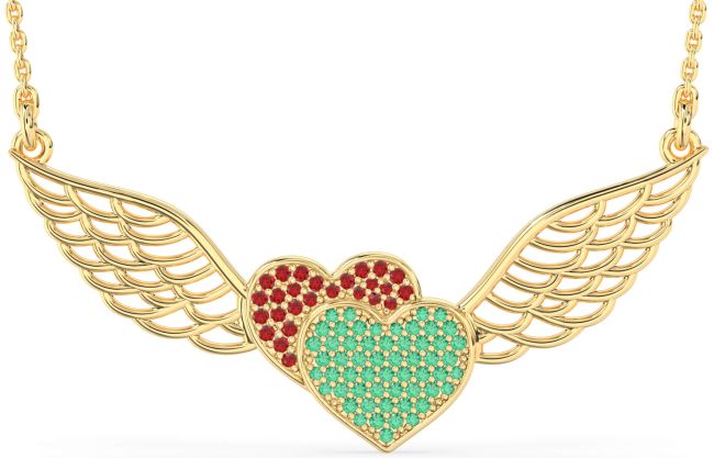 Large Emerald & Ruby Gold Heart Wings Necklace