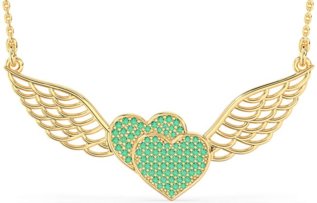 Large Emerald Gold Heart Wings Necklace