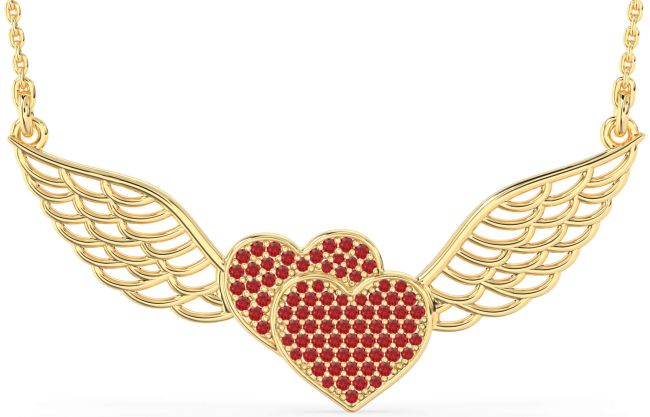 Large Ruby Gold Silver Heart Wings Necklace
