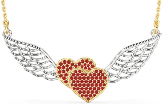 Large Ruby Gold Silver Heart Wings Necklace