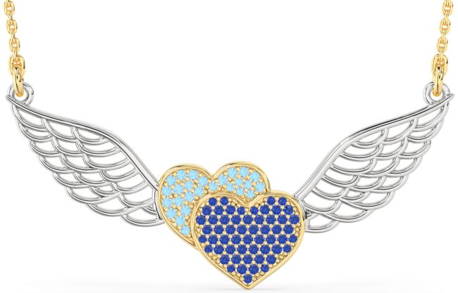 Large Blue Sapphire & Aquamarine White Yellow Gold Heart Wings Necklace