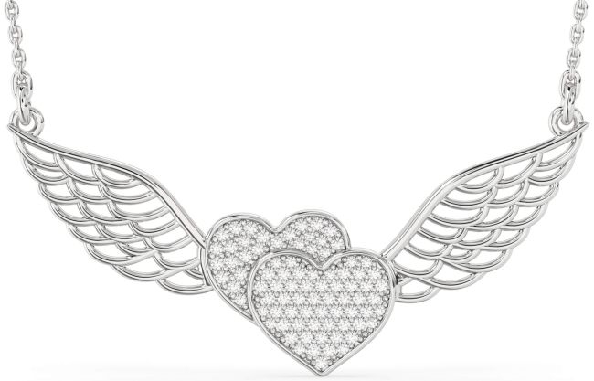 Large Diamond Silver Heart Wings Necklace