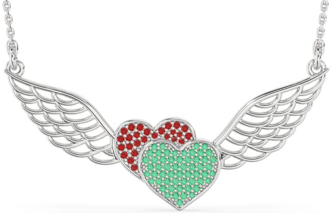 Large Emerald & Ruby Silver Heart Wings Necklace