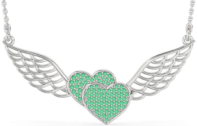 Large Emerald Silver Heart Wings Necklace