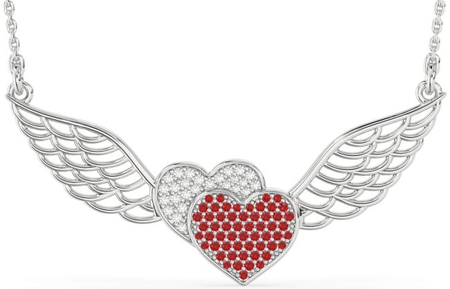 Large Diamond & Ruby Silver Heart Wings Necklace