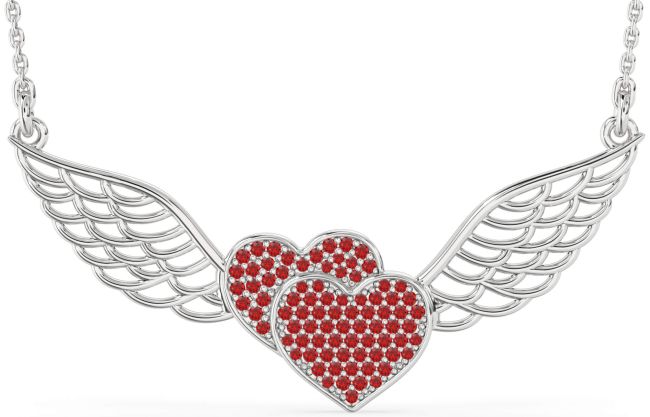 Large Ruby Silver Heart Wings Necklace