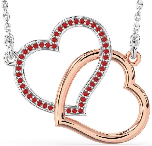 Large Ruby Rose Gold Silver Heart Interlock Necklace