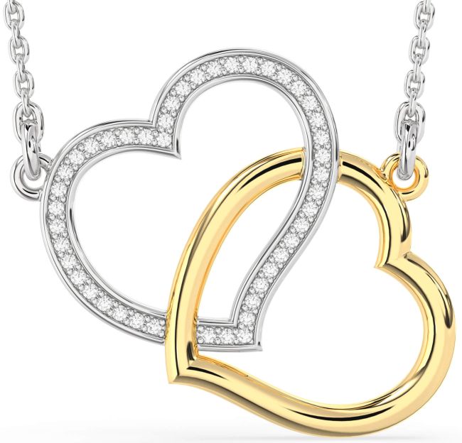 Large Diamond Gold Silver Heart Interlock Necklace