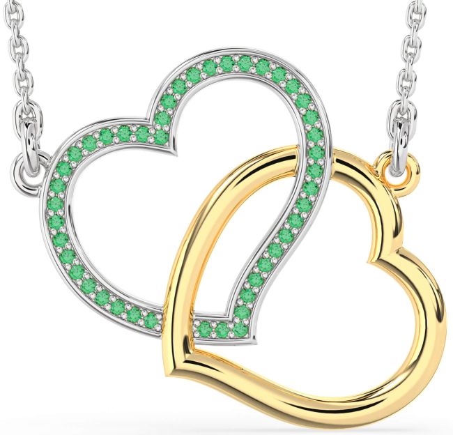 Large Emerald Gold Silver Heart Interlock Necklace