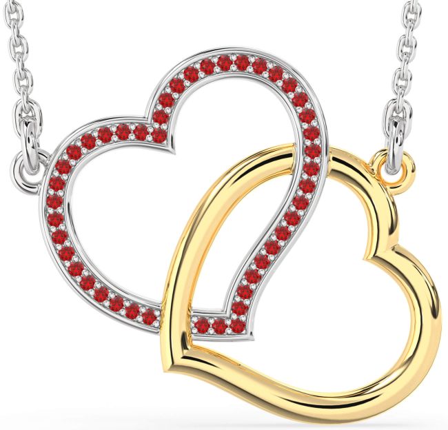 Large Ruby Gold Silver Heart Interlock Necklace