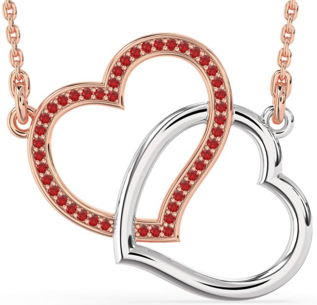 Large Ruby Rose Gold Silver Heart Interlock Necklace