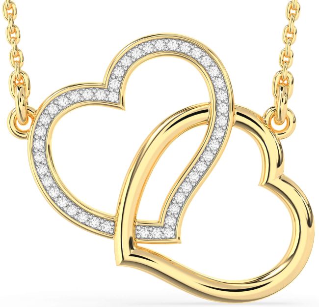 Large Diamond Gold Silver Heart Interlock Necklace