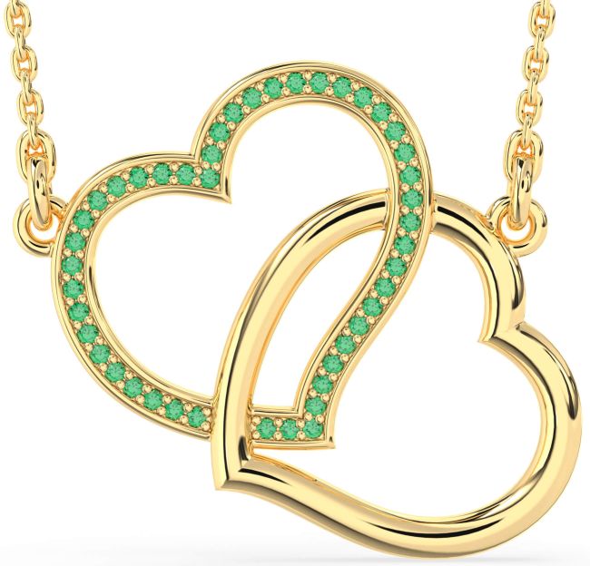 Large Emerald Gold Heart Interlock Necklace