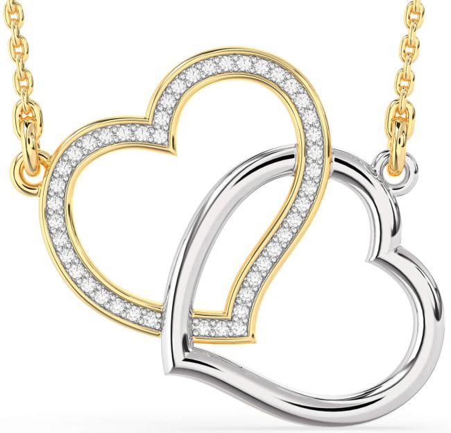 Large Diamond White Yellow Gold Heart Interlock Necklace
