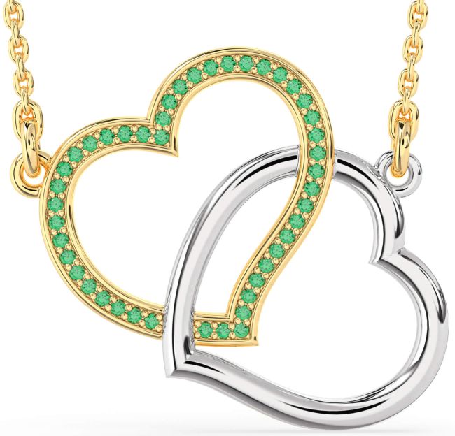Large Emerald Gold Silver Heart Interlock Necklace