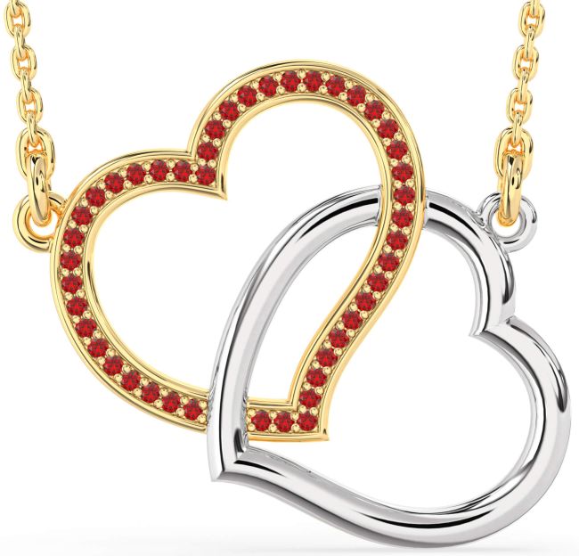 Large Ruby Gold Silver Heart Interlock Necklace