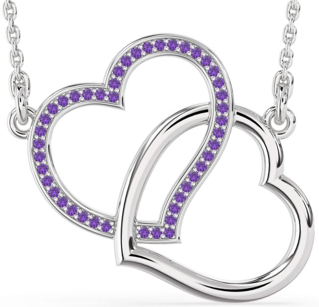 Large Amethyst Silver Heart Interlock Necklace