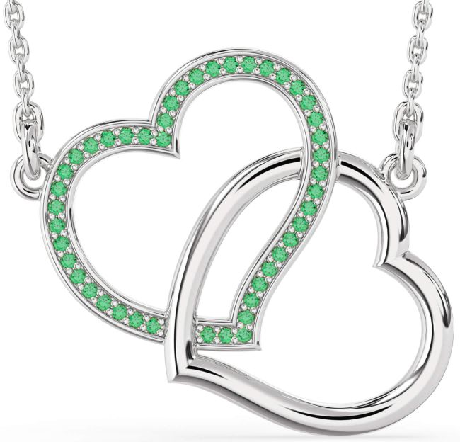 Large Emerald Silver Heart Interlock Necklace